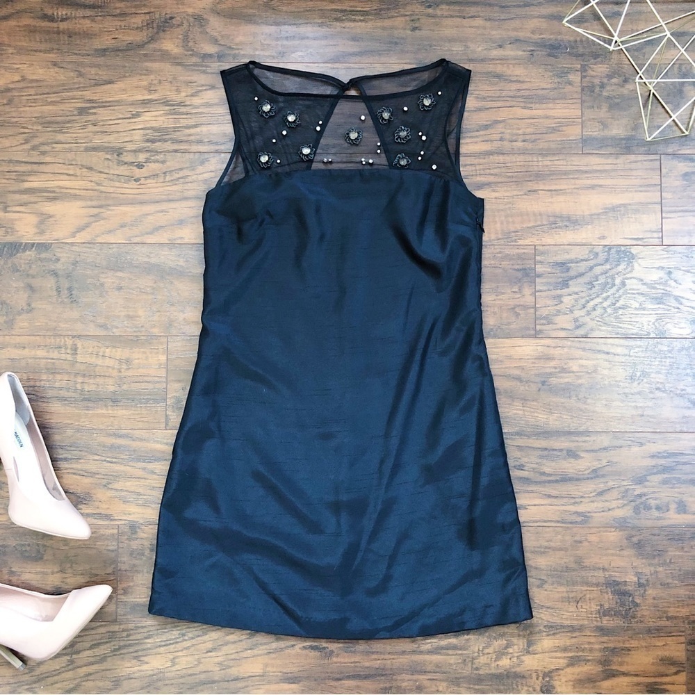Pearl • black beaded mini dress sheer illusion Marchesa silk cocktail shift